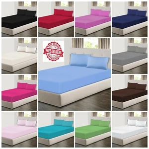 Plain Dyed Fitted Sheet Polycotton Bed Sheet Sizes Single, Double, King, S King - Picture 1 of 21