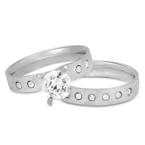 Juego de 2 piezas de anillo de boda de joyería Pascollato de acero inoxidable forma redonda circón cúbico - Imagen 1 de 3