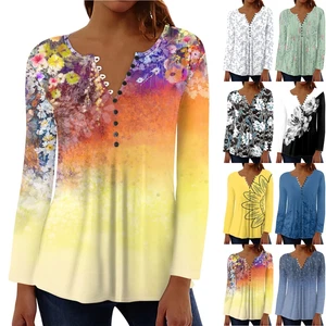 Womens Casual Tops Henley Neck Long Sleeve Shirts Fall Lightweight Loose Tee - Picture 1 of 15