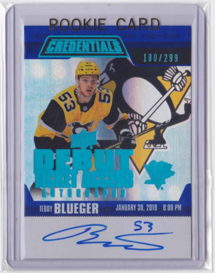 2019-20 UD CREDENTIALS ROOKIE AUTOGRAPHS 180/299 TEDDY BLUEGER #RTAA-TB PENGUINS - Image 1 of 2