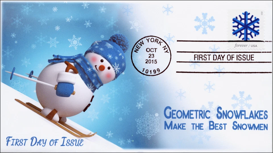 2015, Geometric Snowflakes, Blue, FDC, BW Postmark, Snowman, 15-288 - Image 1 of 1