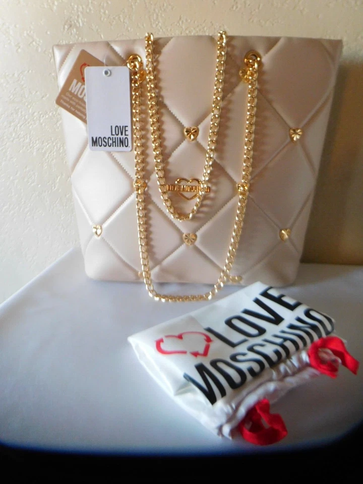 LOVE MOSCHINO Embellished Love Gold Hearts quilted faux leather tote RARE