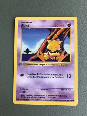 POKEMON Card Rare 1st Edition Shadowless Mint 1999 Vintage Base Set Abra 43/102 - Image 1 of 4