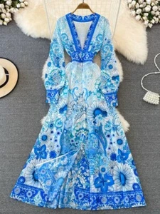 Spring Summer Bohemian Beach Chiffon Maxi Dress Women Sexy Deep V-Neck s-xxl - Picture 1 of 3