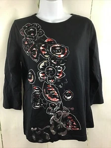 Laura Ashley Women’s Cottagecore Black Floral Embroidered 3/4 Sleeve Top Sz. S - Picture 1 of 12