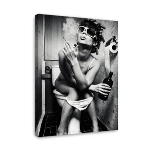 Bathroom Wall Art, Girl Sitting On Toilet Smoking and Drinking, Ready to Hang - Picture 1 of 11