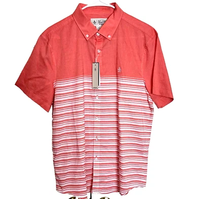 NUEVO CON ETIQUETAS $85 Camisa Original Penguin Para Hombre Manga Corta Rayas Coral Caliente GRANDE Foto 1 de 4