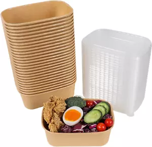 25 Oz Disposable Kraft Paper Bowls with Lids, Rectangle Food Containers Soup ... - Picture 1 of 12