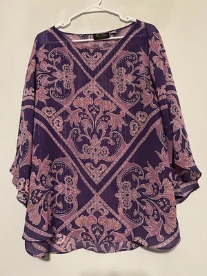 Poncho Top Bob Mackie Usable Arte Caftán Talla L Grande Púrpura Rosa Patrón Paisley Foto 1 de 4