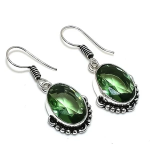 Green Amethyst Gemstone Handmade 925 Sterling Silver Jewelry Earring Size 1.5" - Picture 1 of 1