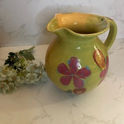 Jarrón jarra decorativo MCM verde amarillo rosa floral grande vintage decoración del hogar Foto 1 de 4