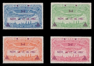 Sellos de exhibición de estampillas ASDA 1951, sobreimpresión magenta, perforados - juego de 4 - Imagen 1 de 2