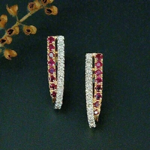 2Ct Round Cut Lab-Created Ruby Hoop Earrings Women's 14K Yellow Gold Plated - Picture 1 of 3