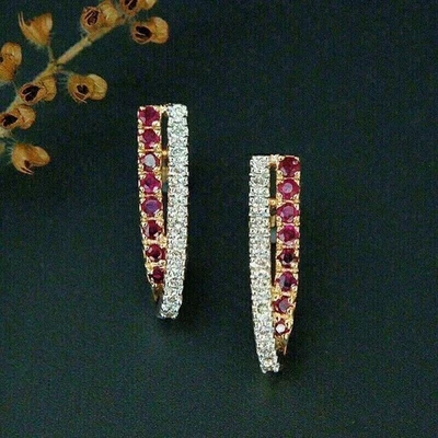 2Ct Round Cut Lab-Created Ruby Hoop Earrings Women's 14K Yellow Gold Plated - Image 1 of 3