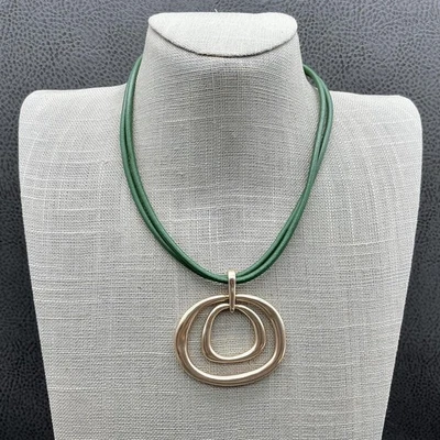 Chico's Green Cord Necklace Gold Tone Double Oval Pendant Adjustable Statement - Image 1 of 4