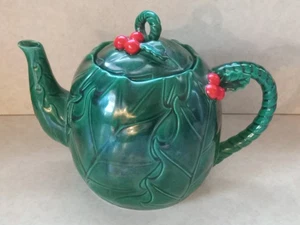 Vintage Lefton Keramik grüne Stechpalmenblätter & Beeren Teekanne - Bild 1 von 10