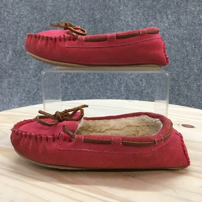 Minnetonka Slippers Child 2 Moccasin Pink Leather Faux Fur Slip On Comfort 4815 - Image 1 of 4