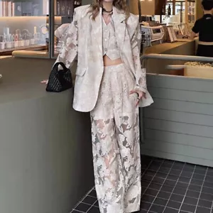 Spring Womens Luxury Apricot Hollow Lace Suit Coat Vest Pants Three Piece Sets - Picture 1 of 25