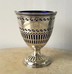 ANTIQUE STERLING SUGAR BASKET George III R Hennell Cobalt Liner Hand Chased 1781 - Picture 1 of 8