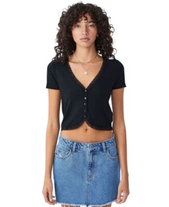 Cotton On Women’s Courtney Lace Trim Button Down Short Sleeve Top, Black, L - Picture 1 of 6