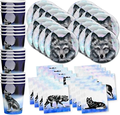 Juego de suministros de fiesta de cumpleaños Wolf platos servilletas tazas vajilla kit para 16 Foto 1 de 4