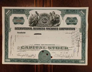 IBM STOCK CERTIFICATE 1961 OLD STYLE GREEN NICE VIGNETTE  100 SHARES CANCELLED - Picture 1 of 2