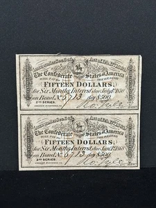 PAIR Uncut Original 1864 $15 Confederate Civil  War  $500 Bond Coupons No. 6713 - Picture 1 of 8