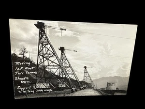 Shasta Dam Construction Moving 125’ Tail Towers RPPC Postcard - Picture 1 of 2