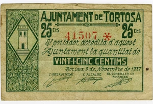 # SPAIN CIVIL WAR 1937 • TORTOSA 25cts  MUNICIPAL ☆ GUERRA CIVIL ESPAÑOLA ☆D1718 - Picture 1 of 2