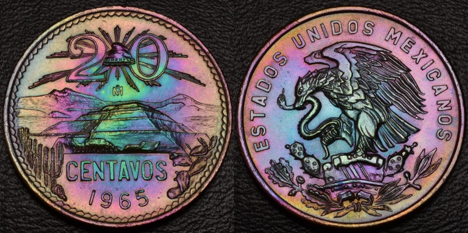UNC 1965 México 20 Centavos PRECIOSO ARCO IRIS TONIFICACIÓN OBV y Rev (L50-43) Foto 1 de 3