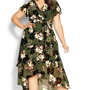 Abito midi City Chic a strati con volant verde bosco floreale donna XXL taglie forti - Foto 1 di 16