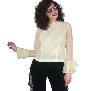 Vintage 70s Yellow Sheer Blouse Ruffled Sleeve Cuffs Dotted Swiss by Majorette - Picture 1 of 9