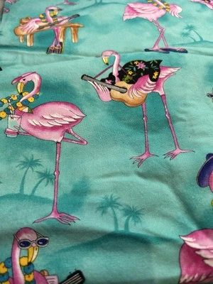 Handmade Flamingo Shower Curtain Teal Green Pink Tropical Vacation L8 - Image 1 of 4