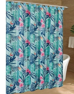 Cortina de Ducha de Tela y Ganchos Flores Tropicales Hojas de Monstera 70 x 72 NUEVO Foto 1 de 4