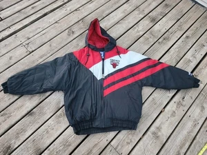 Vtg Chicago Bulls Puffer Jacket Logo 7 Mens Large Black Red Embroidered Hood 90s - Picture 1 of 12