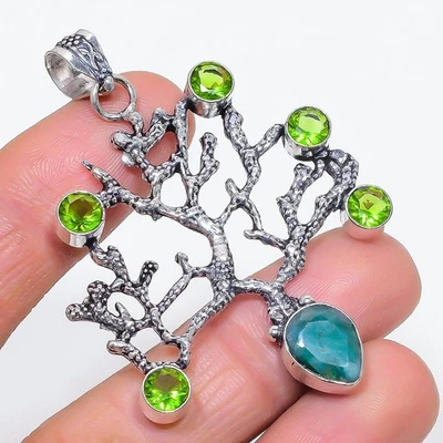 Emerald(Simulated), Peridot Gemstone 925 Sterling Silver Pendant 2.44" y678 - Image 1 of 3