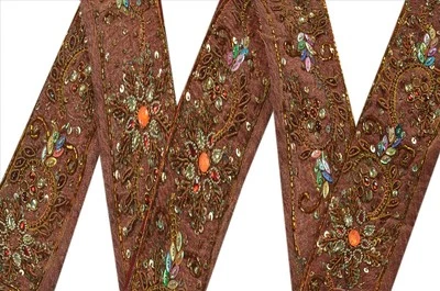 Sanskriti Vintage Sari Borde Cuentas Artesanal 1 Yarda Adornos Encaje 2W Granate Foto 1 de 4