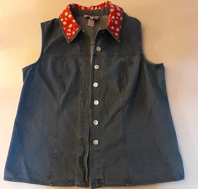 STONEBRIDGE Blue Denim Vest Top, Sleeveless, Red Floral Collar, Size 16W - Image 1 of 4