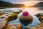 Schöne Blume auf einem Stein im See bei Sonnenuntergang. Naturhintergrund (21402