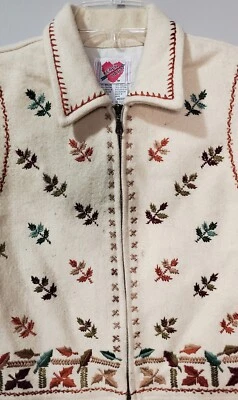 Chaleco Vintage KEREN HART Bordado Otoño Hojas Algodón Lana Cremallera Foto 1 de 4