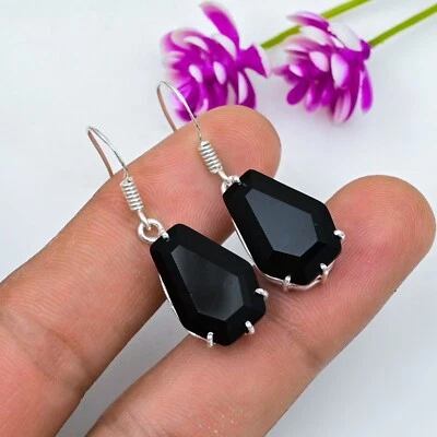 Black Spinel Gemstone Coffin Earrings 925 Sterling Silver Handmade Jewelry Gift - Image 1 of 4