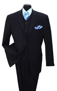 Mens fancy wool feel suit 3 pc w/Vest 3 button striped design Navy/Stripe 5802V4 - Picture 1 of 3