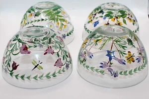 Set of 4 Vtg Clear Glass Hand Painted  Botanic Florals w/ Bugs Tea Lights/Bowls - Picture 1 of 24