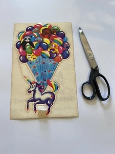 Vintage 1984 Lisa Frank Jumbo Markie Regenbogen Einhorn mit Ballons Aufkleber NEU - Bild 1 von 4