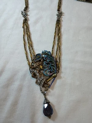 Sweet Romance Shelley Cooper Art Nouveau Peacock Feather Necklace 28" NIB - Image 1 of 4