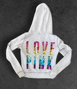 PINK Victorias Secret Gray Multicolor Sequin Logo Full Zip Hooded Sweater Sz XS - Picture 1 of 10