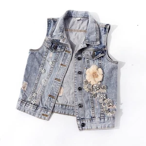 Damen Jeansweste ärmellose Jacke Perlen Blumendekor Jeansjacke Weste Weste - Bild 1 von 16