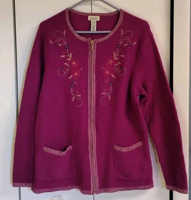 Suéter de lana púrpura talla L detalles florales 2 bolsillos delanteros por elementos clásicos Foto 1 de 4