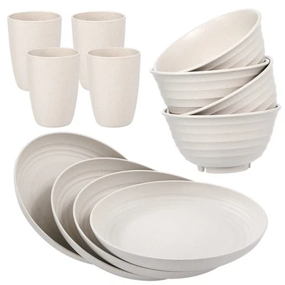 12pcs Wheat Straw Dinnerware Sets, Wheat Straw Plates and Bowls Sets for 4 Mi... - Image 1 of 4