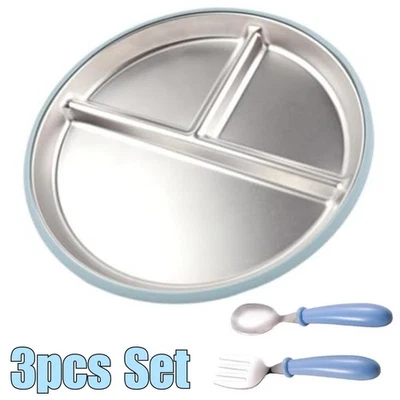 Geteilter Teller für Baby Kleinkind Edelstahl Silikon Sauger mit Besteck  - Bild 1 von 3